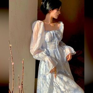 Vintage look Blue and white off the shoulder flowy dress